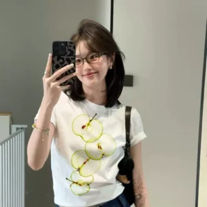 純棉打底衫女蘋果印花圓領短袖T恤寬松上衣