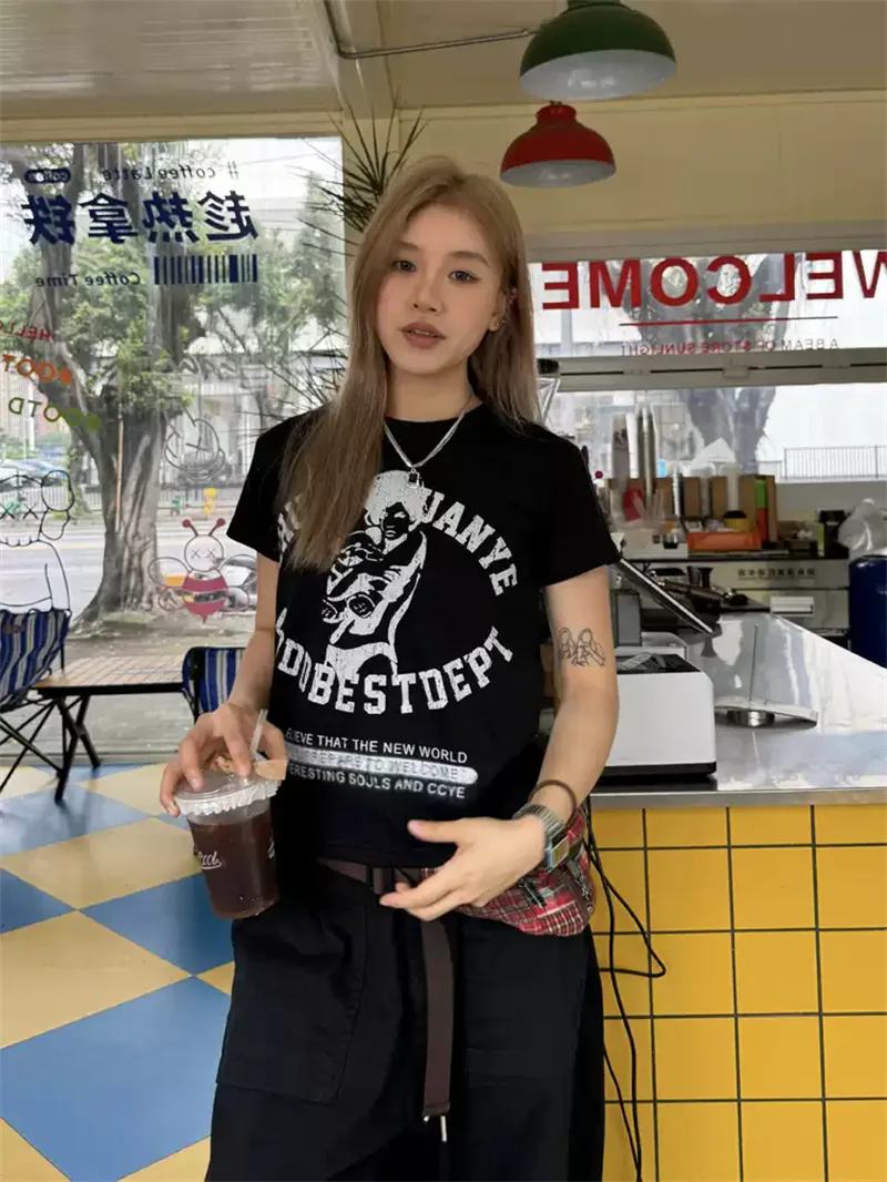 純棉打底衫女字母印花圓領短袖T恤寬松上衣:圖片 4