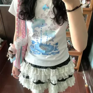 純棉打底衫女海豚印花圓領短袖T恤寬松上衣