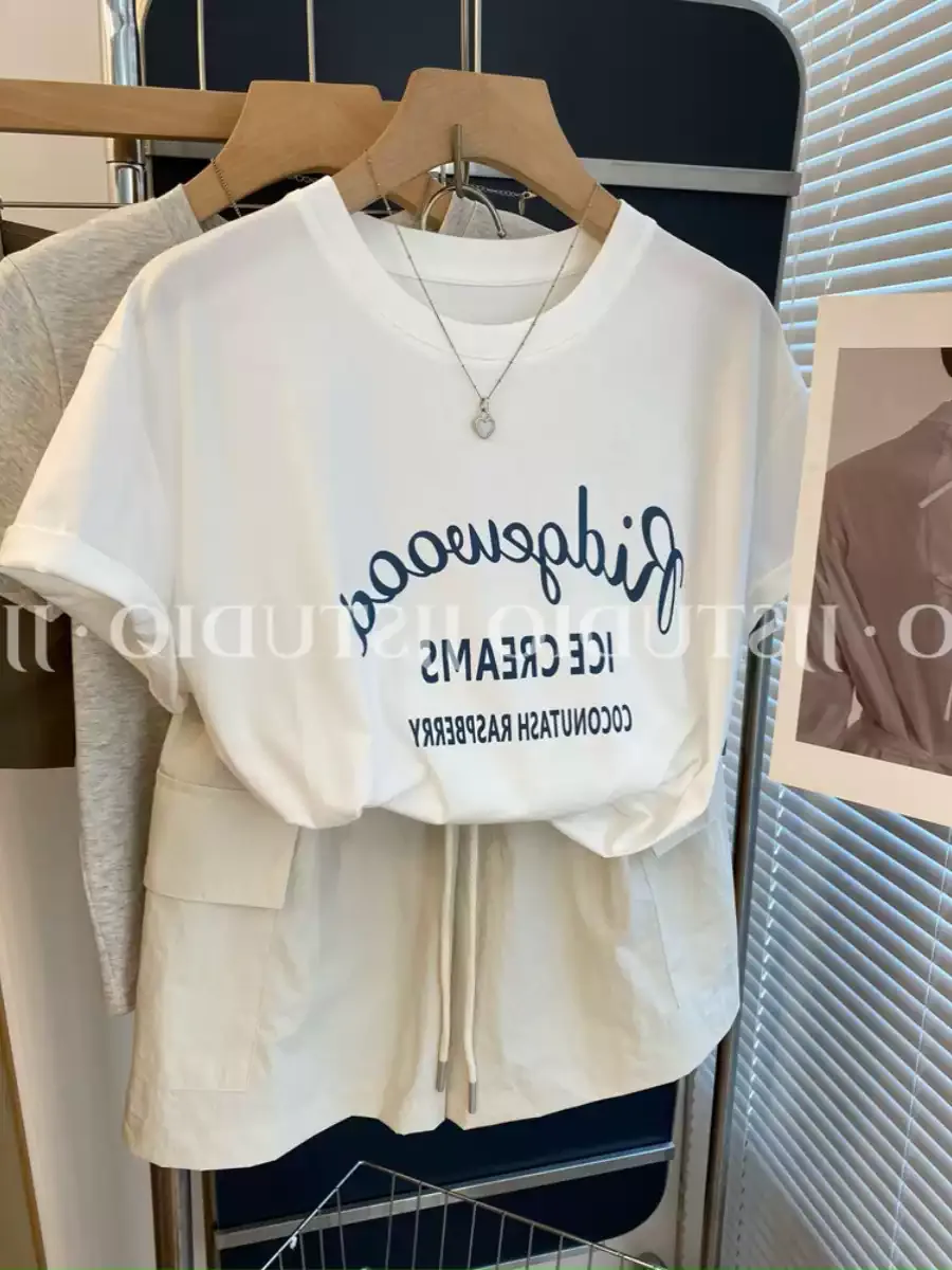 純棉打底衫慵懶寬松字母印花圓領短袖大碼T恤 商品細節 1