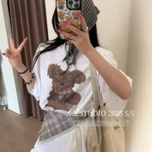 純棉打底衫慵懶寬松卡通印花圓領短袖大碼T恤