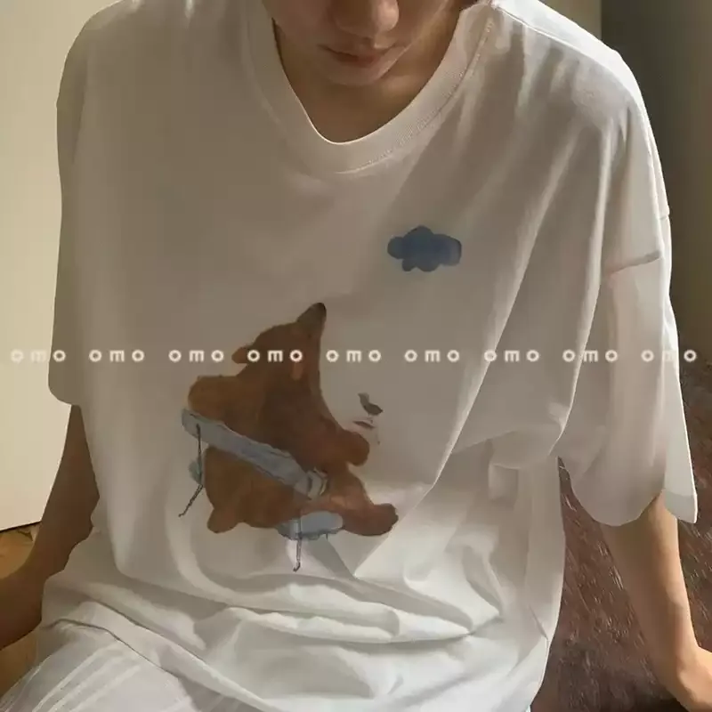 純棉打底衫慵懶寬松卡通印花圓領短袖大碼T恤
