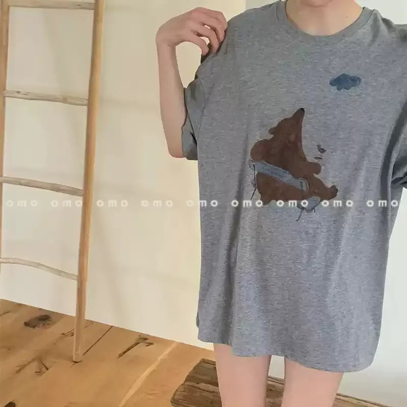 純棉打底衫慵懶寬松卡通印花圓領短袖大碼T恤:圖片 2