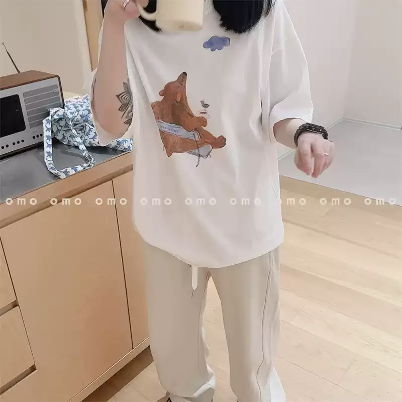 純棉打底衫慵懶寬松卡通印花圓領短袖大碼T恤:圖片 4