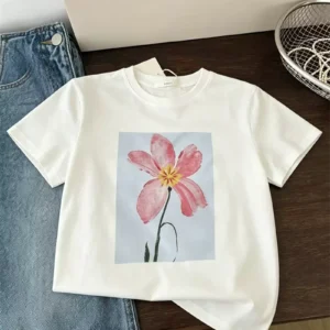 純棉打底衫慵懶寬松花朵印花圓領短袖大碼T恤