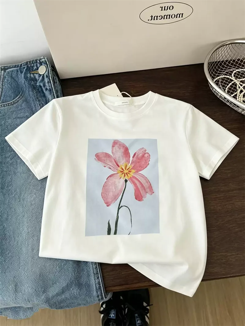 純棉打底衫慵懶寬松花朵印花圓領短袖大碼T恤
