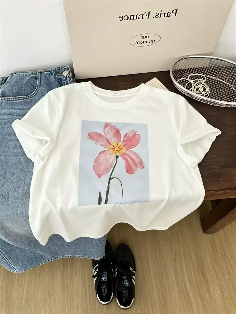 純棉打底衫慵懶寬松花朵印花圓領短袖大碼T恤:圖片 2
