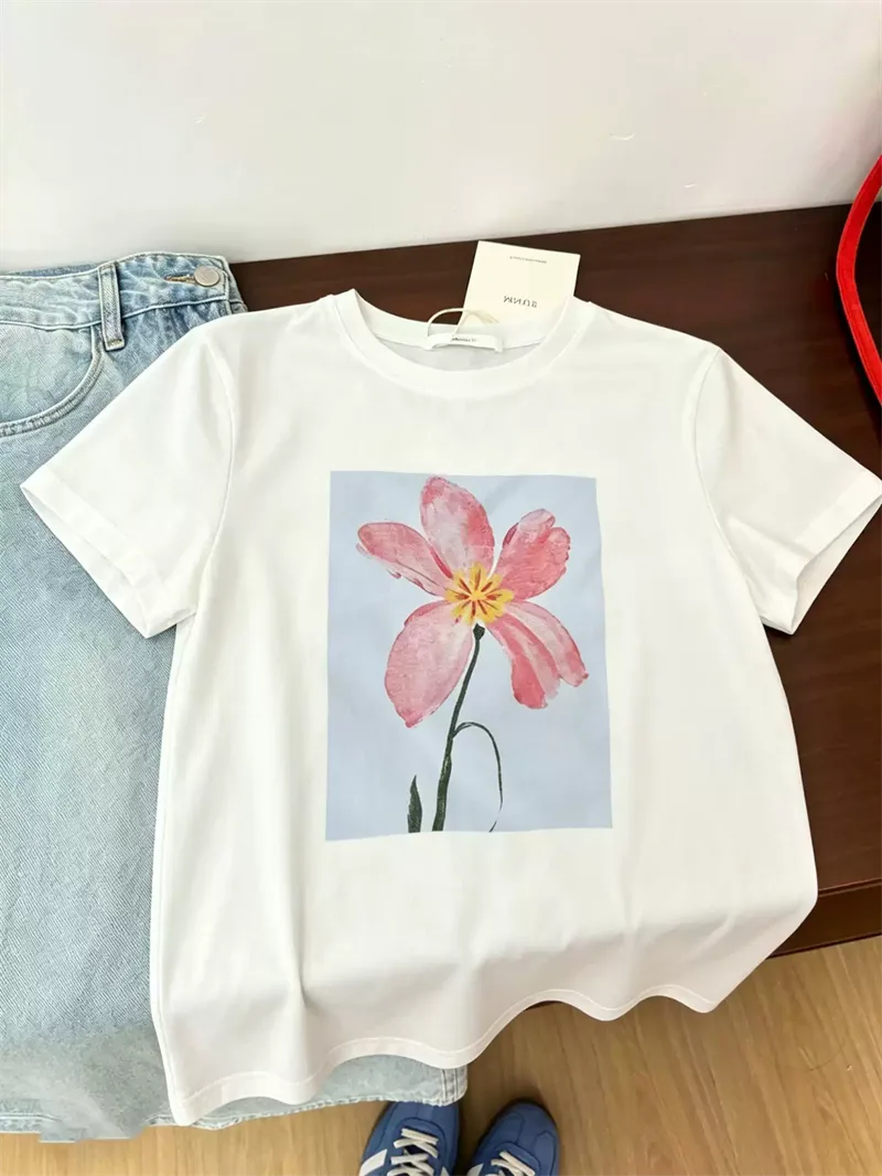 純棉打底衫慵懶寬松花朵印花圓領短袖大碼T恤:圖片 3