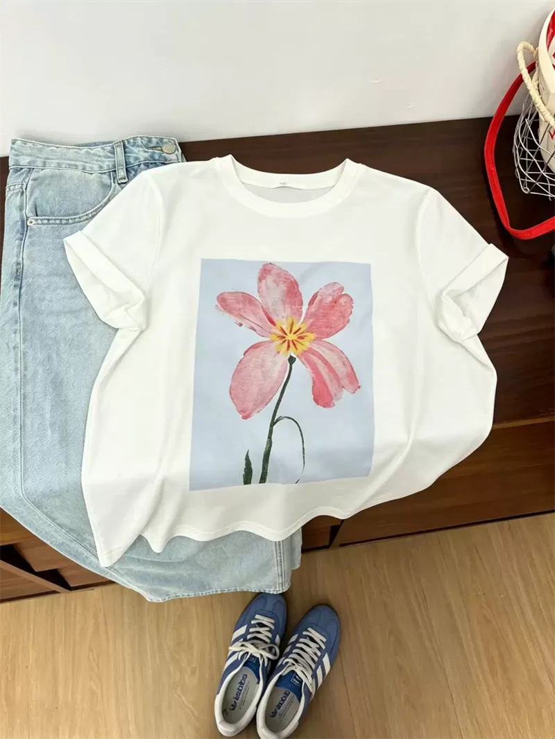 純棉打底衫慵懶寬松花朵印花圓領短袖大碼T恤:圖片 4