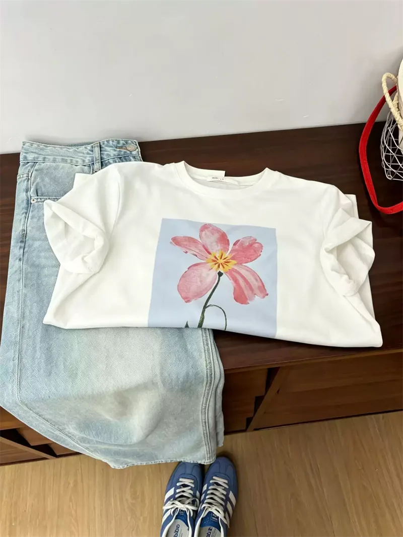 純棉打底衫慵懶寬松花朵印花圓領短袖大碼T恤 商品細節 4