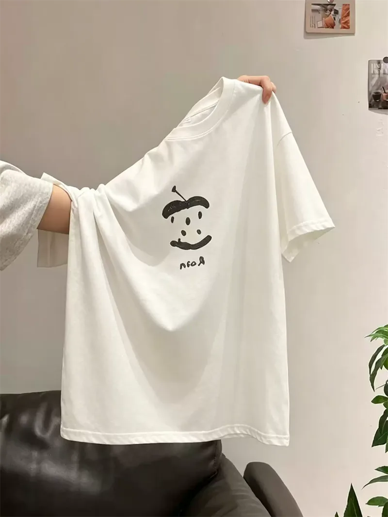 純棉打底衫慵懶寬松字母印花圓領短袖大碼T恤