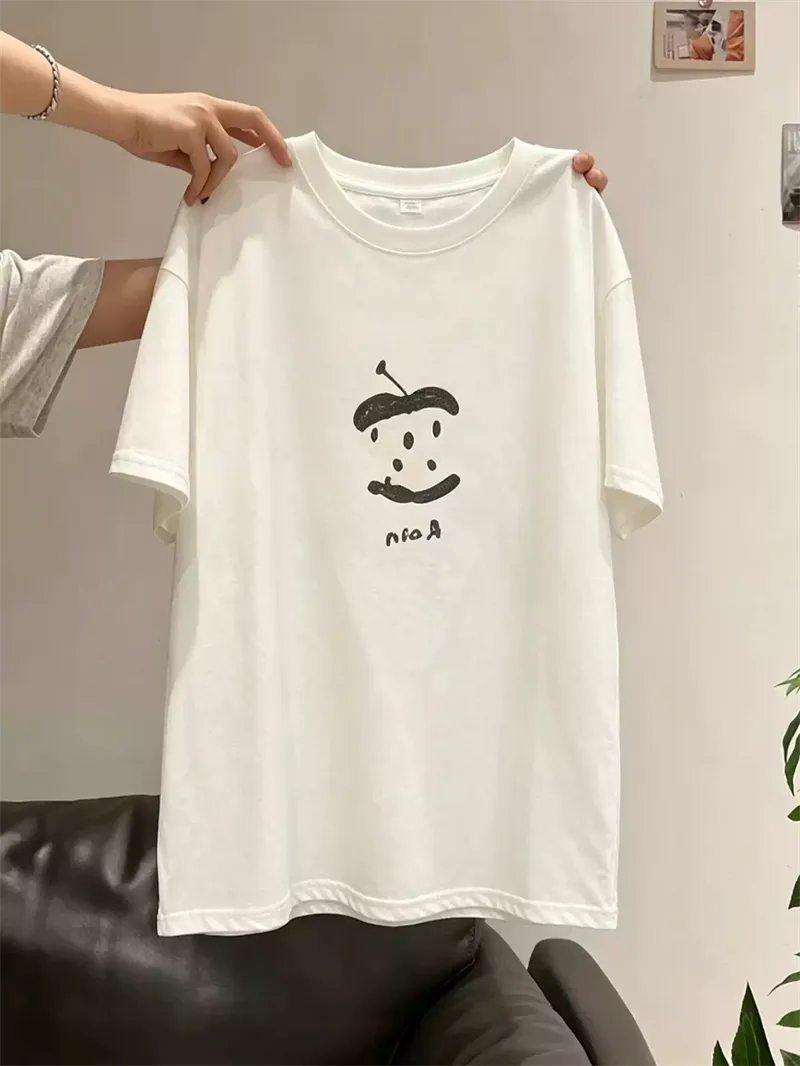純棉打底衫慵懶寬松字母印花圓領短袖大碼T恤:圖片 2