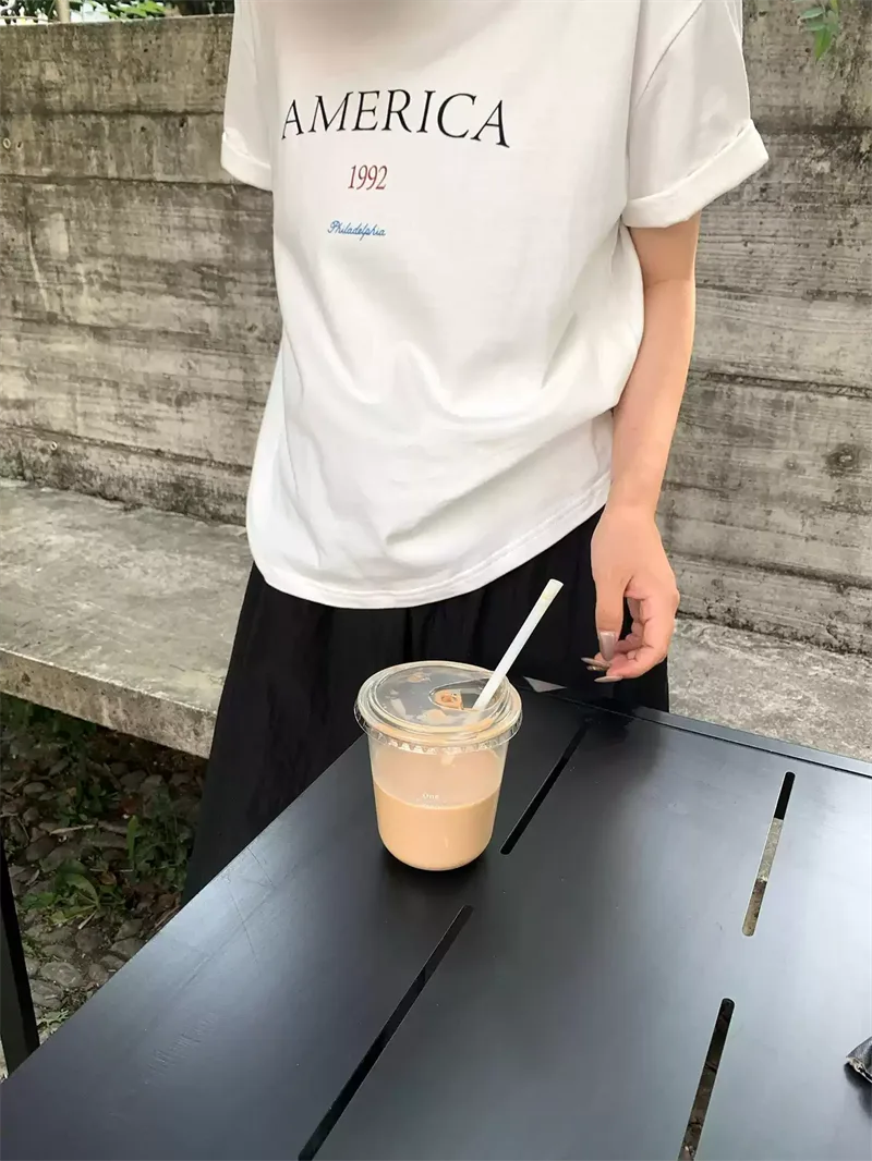純棉打底衫慵懶寬松字母印花圓領短袖大碼T恤 商品細節 1