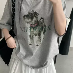 純棉打底衫慵懶寬松卡通印花圓領短袖大碼T恤