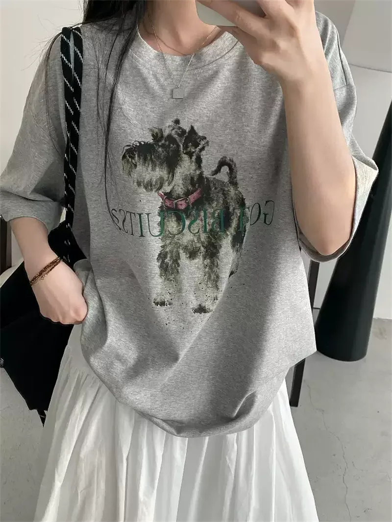純棉打底衫慵懶寬松卡通印花圓領短袖大碼T恤