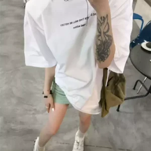 純棉打底衫慵懶寬松字母印花圓領短袖大碼T恤