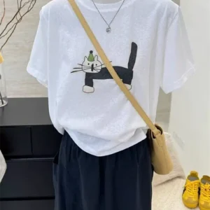 純棉打底衫慵懶寬松卡通印花圓領短袖大碼T恤