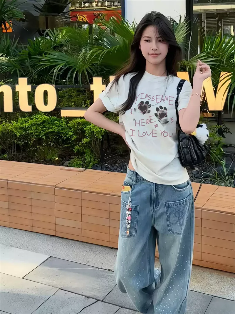 純棉打底衫慵懶寬松字母印花圓領短袖大碼T恤 商品細節 1