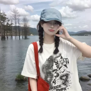 純棉打底衫慵懶寬松字母印花圓領短袖大碼T恤
