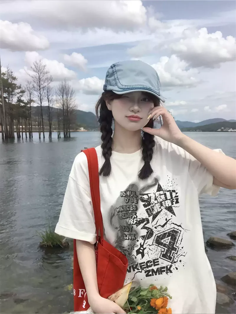 純棉打底衫慵懶寬松字母印花圓領短袖大碼T恤