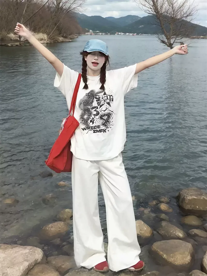 純棉打底衫慵懶寬松字母印花圓領短袖大碼T恤:圖片 2