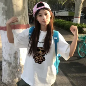 純棉打底衫慵懶寬松卡通印花圓領短袖大碼T恤