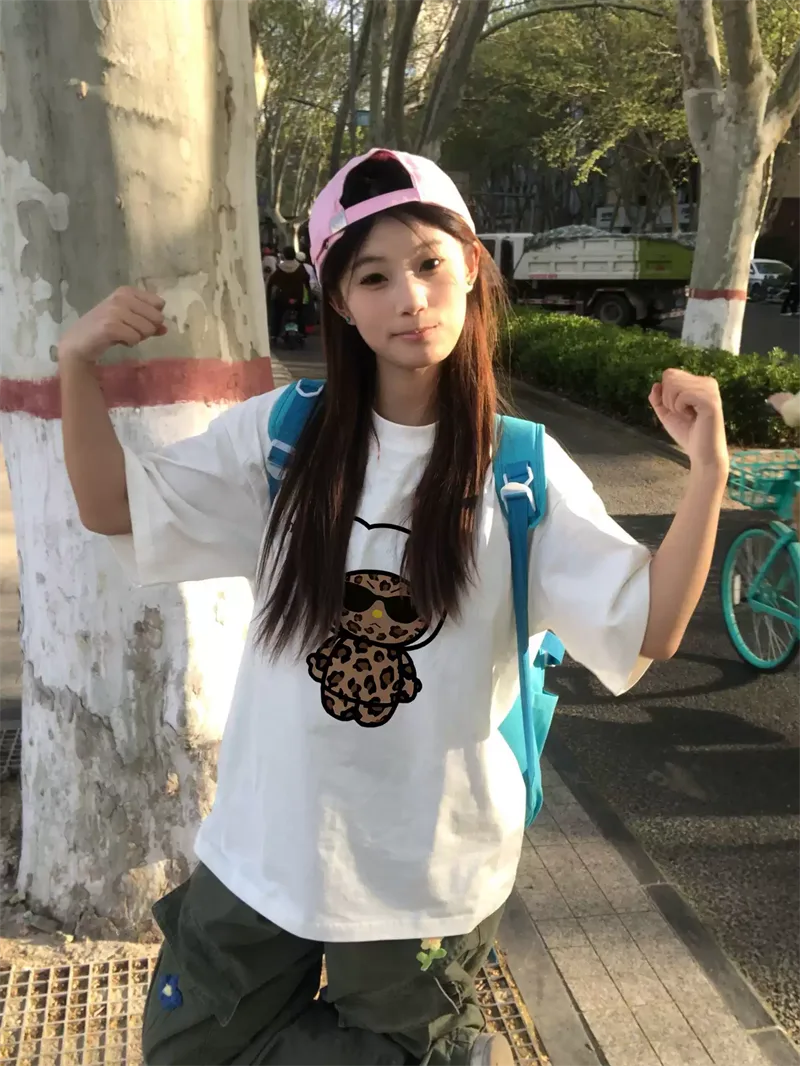 純棉打底衫慵懶寬松卡通印花圓領短袖大碼T恤