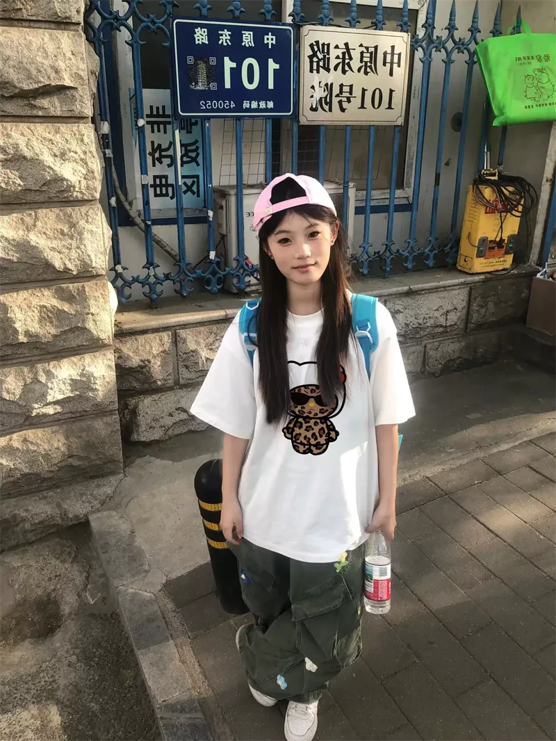 純棉打底衫慵懶寬松卡通印花圓領短袖大碼T恤:圖片 4