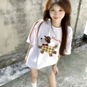 純棉打底衫慵懶寬松卡通印花圓領短袖大碼T恤