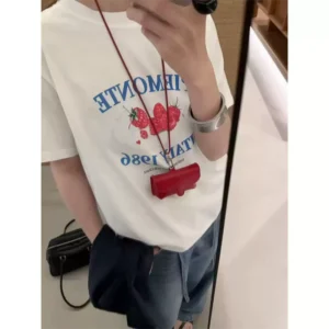 純棉打底衫慵懶寬松草莓印花圓領短袖大碼T恤