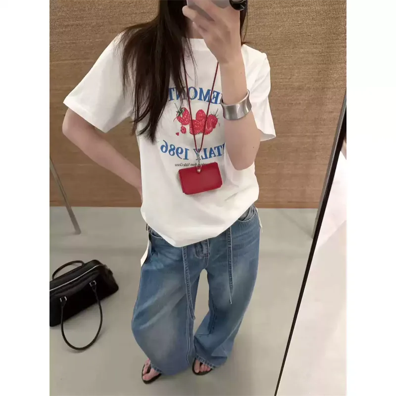 純棉打底衫慵懶寬松草莓印花圓領短袖大碼T恤 商品細節 1