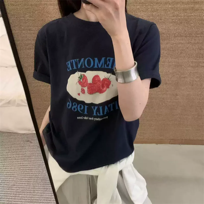 純棉打底衫慵懶寬松草莓印花圓領短袖大碼T恤 商品細節 4