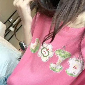 純棉打底衫慵懶寬松蘋果印花圓領短袖大碼T恤