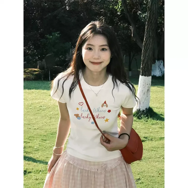 純棉打底衫女字母印花圓領短袖T恤寬松上衣