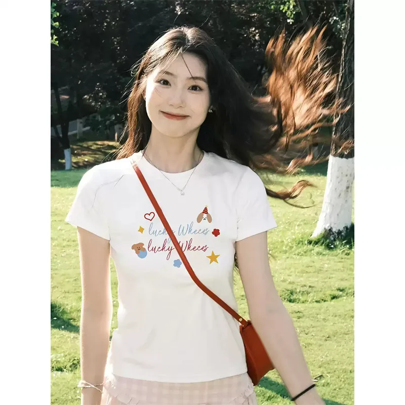 純棉打底衫女字母印花圓領短袖T恤寬松上衣:圖片 2