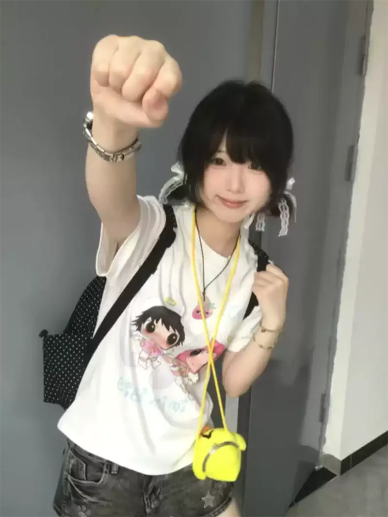 純棉打底衫女卡通印花圓領短袖T恤寬松上衣:圖片 3
