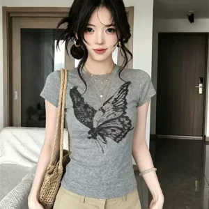 純棉打底衫女蝴蝶印花圓領短袖T恤寬松上衣