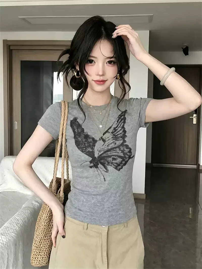 純棉打底衫女蝴蝶印花圓領短袖T恤寬松上衣 商品細節 1