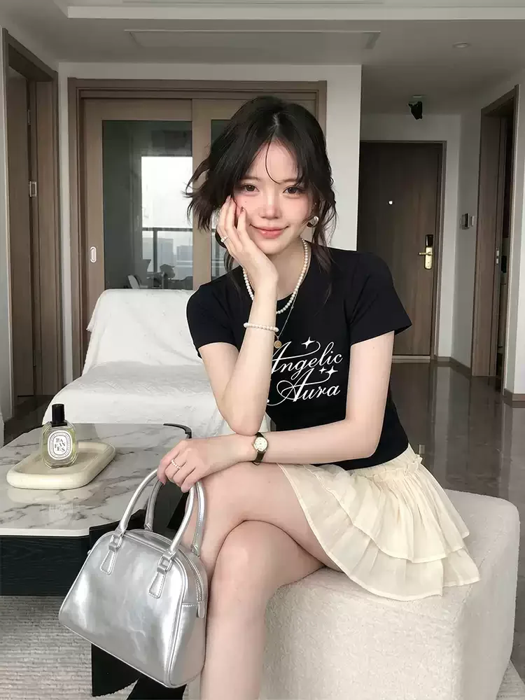 純棉打底衫女字母印花圓領短袖T恤寬松上衣:圖片 5
