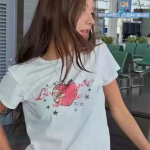 純棉打底衫女蘋果印花圓領短袖T恤寬松上衣