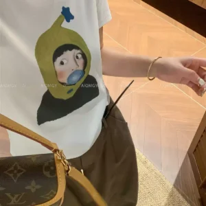 純棉打底衫女人物印花圓領短袖T恤寬松上衣