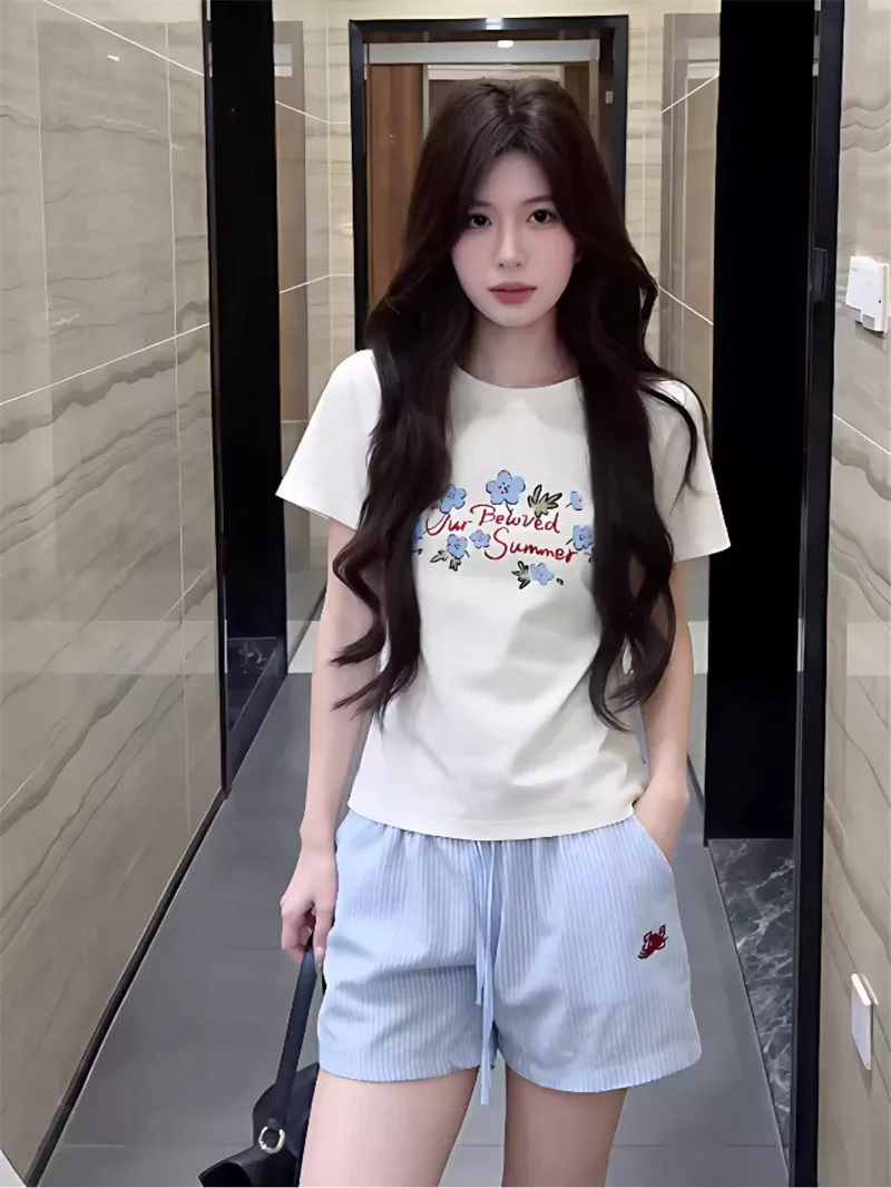 純棉打底衫女花朵印花圓領短袖T恤寬松上衣 商品細節 1
