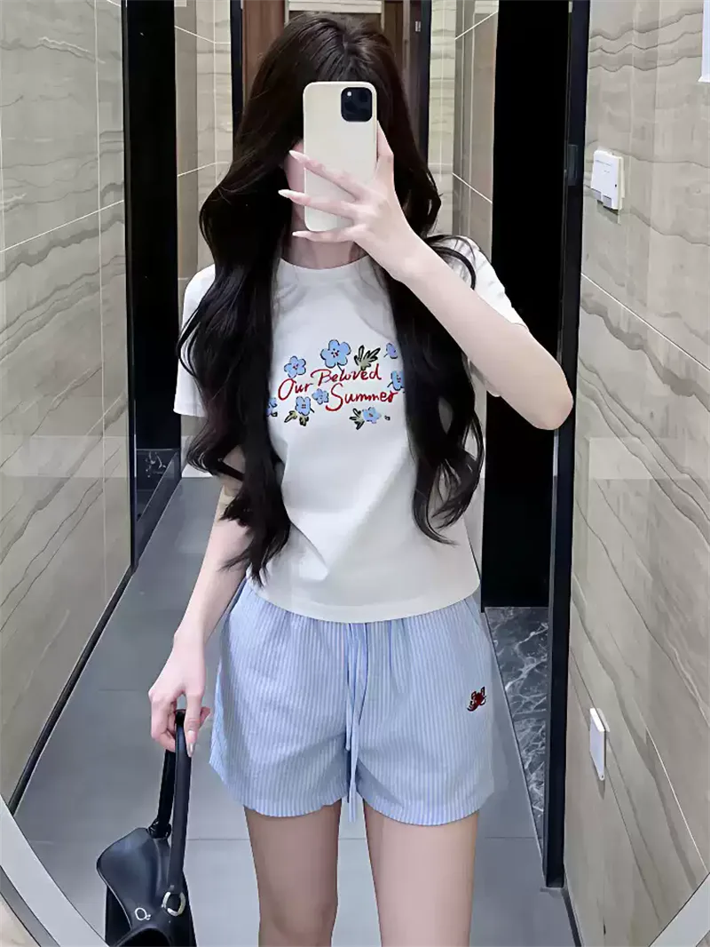 純棉打底衫女花朵印花圓領短袖T恤寬松上衣 商品細節 4