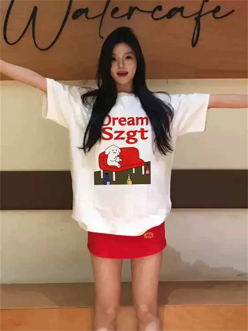 純棉打底衫慵懶寬松卡通印花圓領短袖大碼T恤:圖片 3