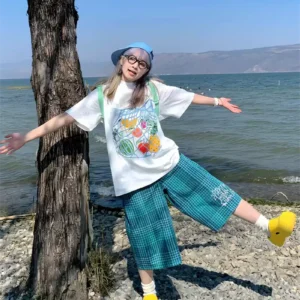純棉打底衫慵懶寬松水果印花圓領短袖大碼T恤