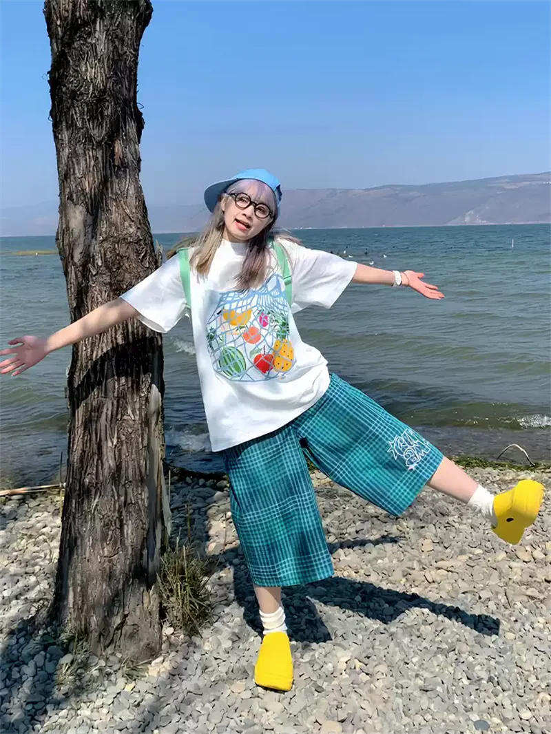 純棉打底衫慵懶寬松水果印花圓領短袖大碼T恤