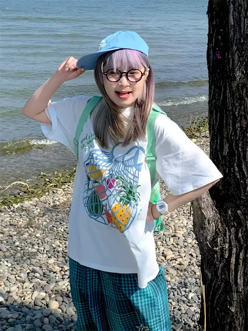 純棉打底衫慵懶寬松水果印花圓領短袖大碼T恤 商品細節 1