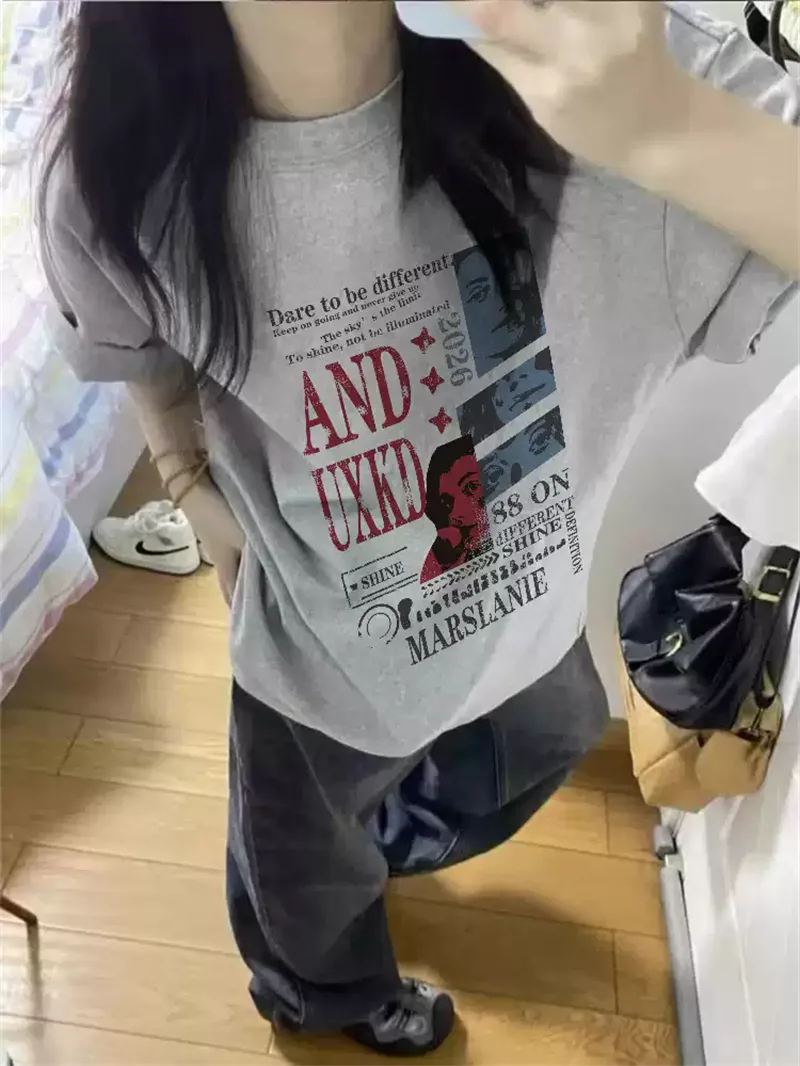 純棉打底衫慵懶寬松字母印花圓領短袖大碼T恤