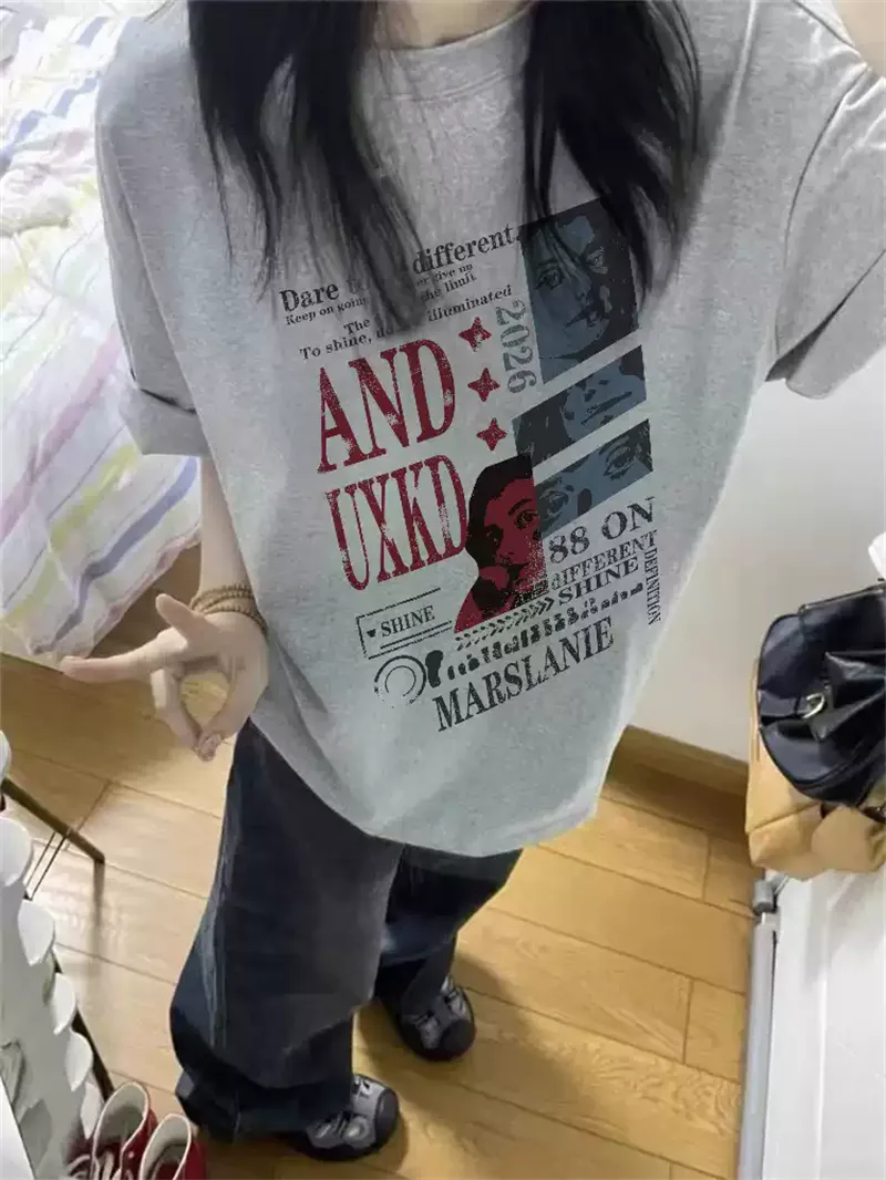 純棉打底衫慵懶寬松字母印花圓領短袖大碼T恤 商品細節 1