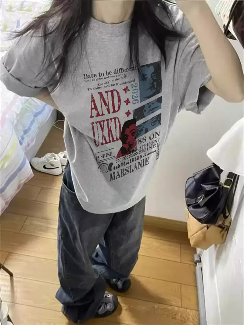 純棉打底衫慵懶寬松字母印花圓領短袖大碼T恤:圖片 3